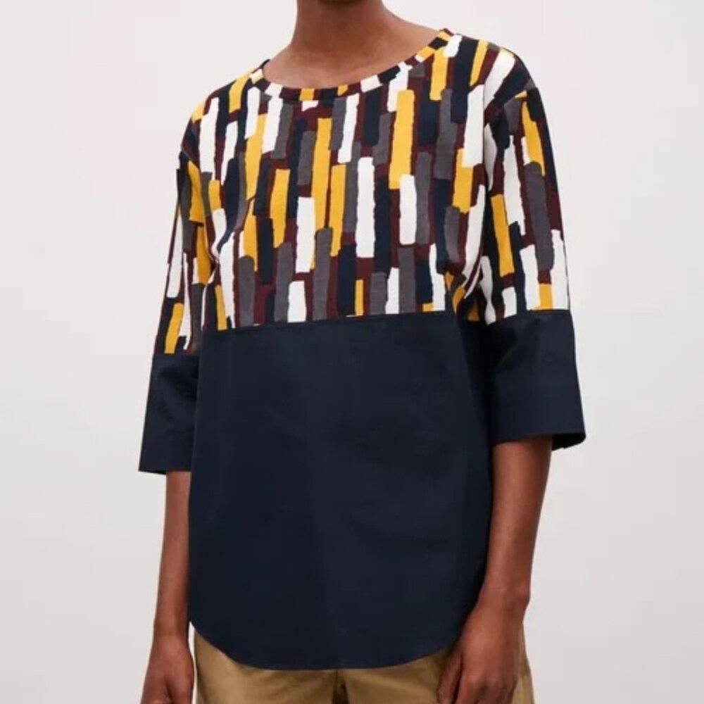 COS Abstract Print Top 3/4 Sleeves Colorblock Top Blouse Size S Loose Fit Size S